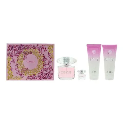Set Cadou Parfum Versace Bright Crystal, 4 bucăți (Eau de Toilette 90ml + Gel de duș 100ml + Loțiune pentru corp 100ml + EDT 5ml), cutie roz cu motive florale