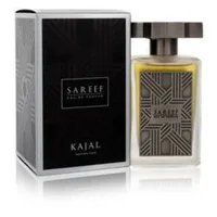 Kajal Sareef EDP Spray, 100 ml, sticlă transparentă cu lichid galben, design geometric argintiu