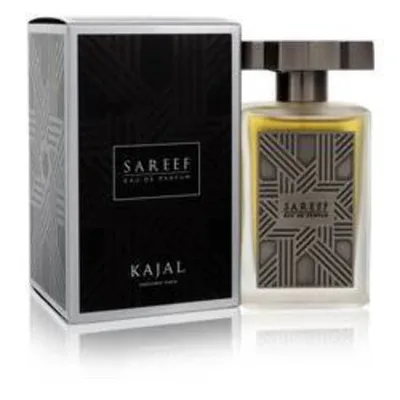 Kajal Sareef EDP Spray, 100 ml, sticlă transparentă cu lichid galben, design geometric argintiu