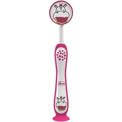 Periuță de dinți copii, Chicco, fuchsia, tema hipopotam