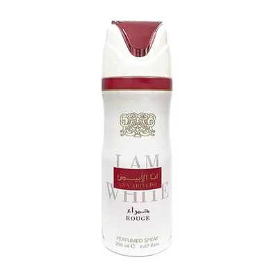 Deodorant Spray Lattafa Ana Abiyedh Rouge, 144 g, design alb cu elemente roșii