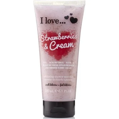 Gel de duș I Love Originals Strawberries & Cream - Ambalaj roz cu particule, capac negru