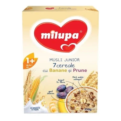 Cereale cu banane si prune Musli Junior 7, +12 luni, 250 g, Milupa
