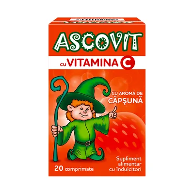 Ascovit cu Vitamina C, aroma de capsuni, 20 comprimate, Perrigo