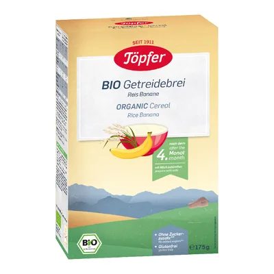 Cereale BIO cu orez si banane, 5+ luni, 175 g, Topfer