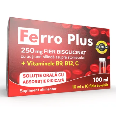 Ferro Plus 250mg Fier Biscglicinat, 10 fiole buvabile, Justin Pharma