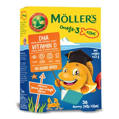 Pestisori gumati cu Omega-3 si aroma de portocale, 36 jeleuri, Moller's