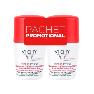 Pachet Deodorant roll-on tratament intensiv anti-transpirant 72h, 50 ml + 50 ml, Vichy
